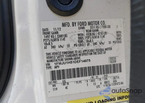 2013 Ford Expedition Xlt from USA, damaged, VIN 1FMJU1H51DEF14975